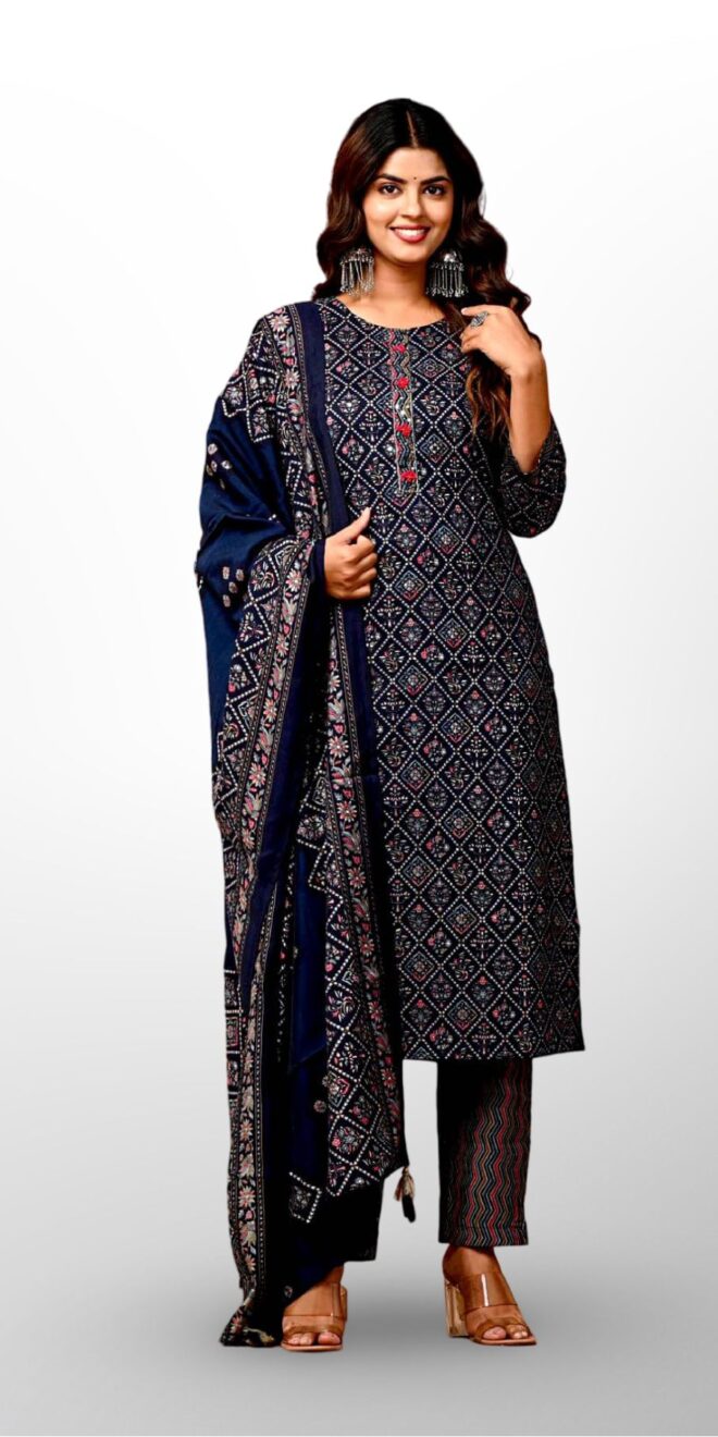 Navy Blue Bandhej Cotton Suit Set – A Timeless Classic!
