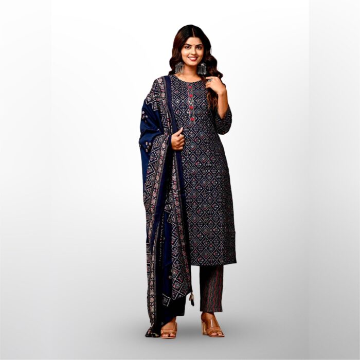 Navy Blue Bandhej Cotton Suit Set – A Timeless Classic!