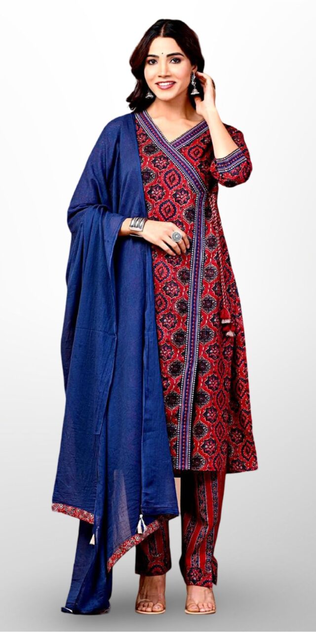 Navy Blue & Red Ajrakh Print Anarkali Suit – Timeless Heritage