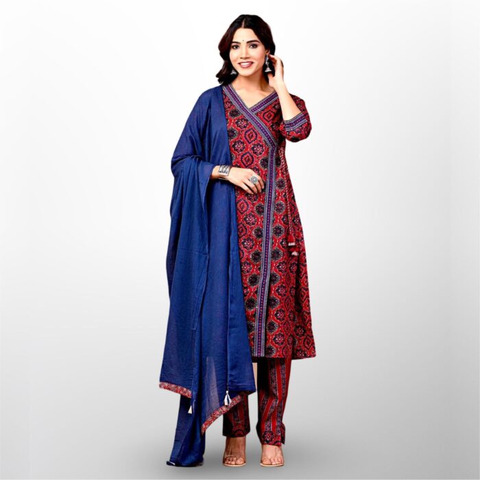 Navy Blue & Red Ajrakh Print Anarkali Suit – Timeless Heritage