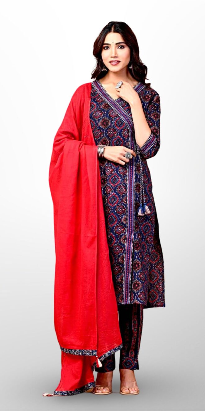 Navy Blue & Red Ajrakh Print Anarkali Suit – A Heritage Ensemble