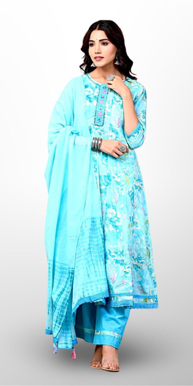 Aqua Blue Floral Cotton Suit – Fresh, Elegant & Timeless!
