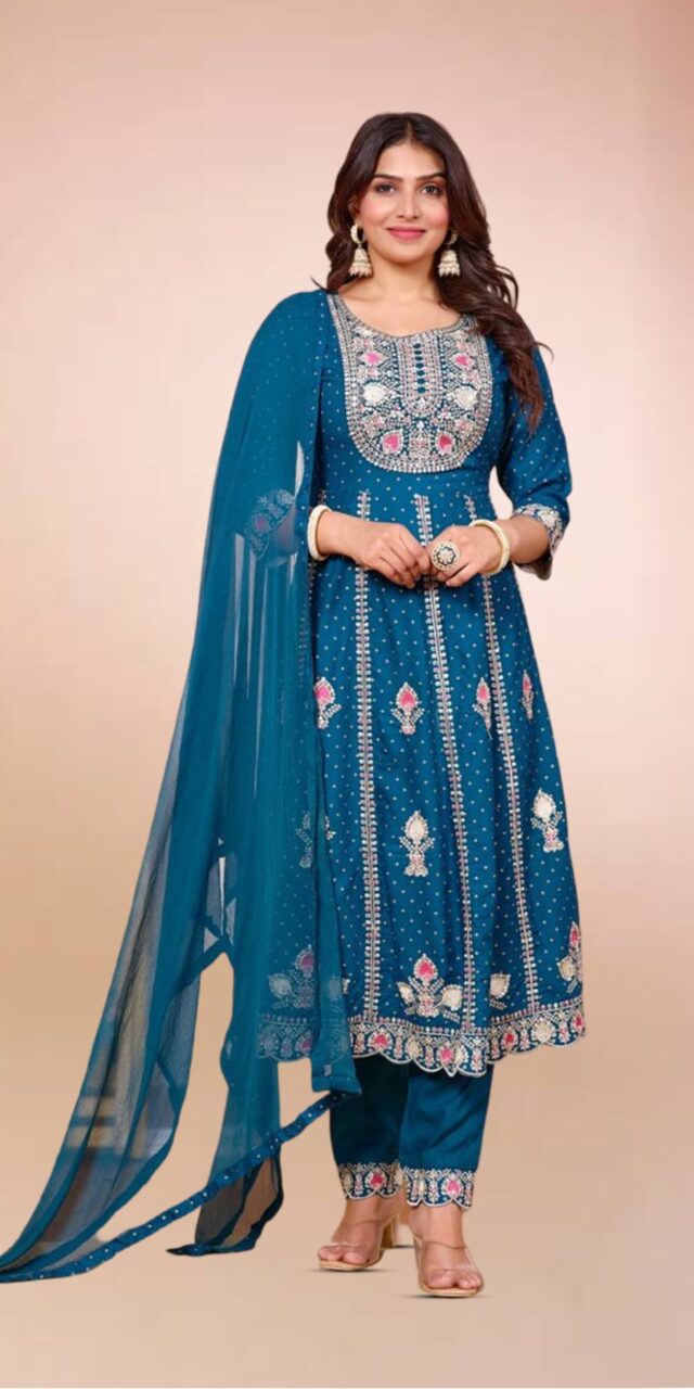 Teal Blue Embroidered Anarkali Suit – Timeless Elegance!