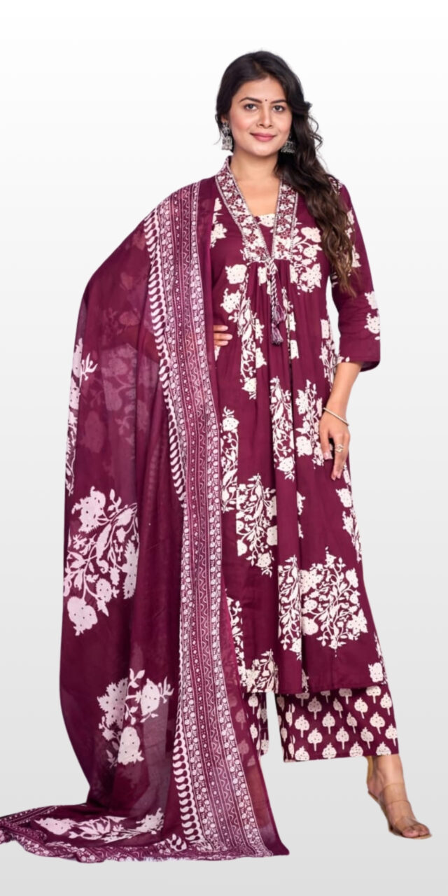 Maroon & White Cotton Printed Suit – Elegant & Comfortable!