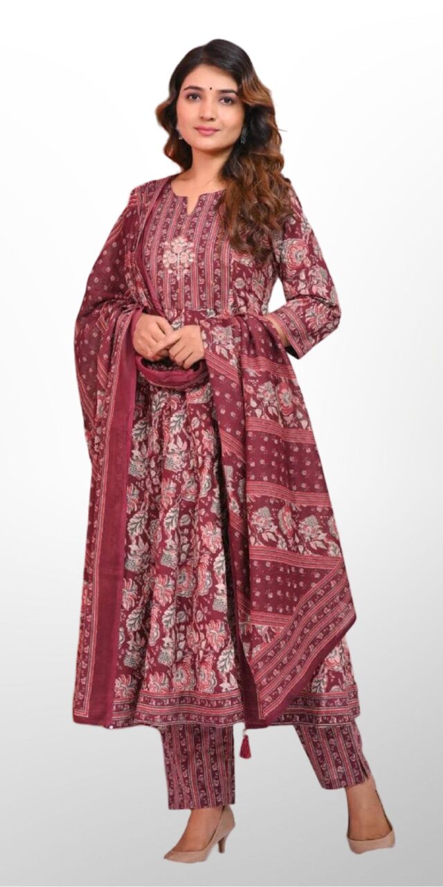 Maroon Handblock Anarkali Suit – A Timeless Classic