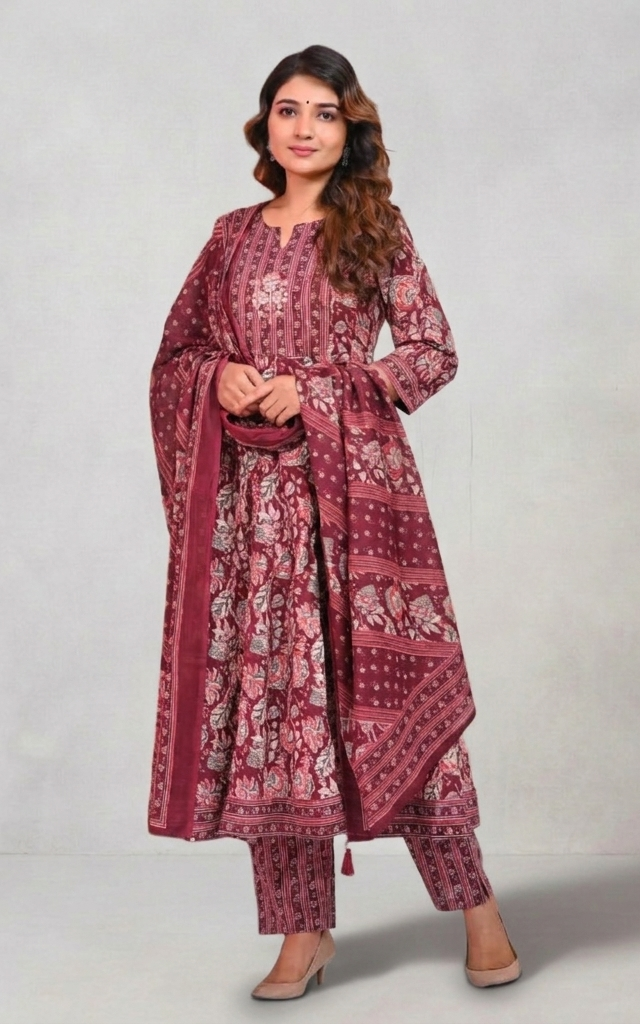 Maroon Handblock Anarkali Suit – A Timeless Classic