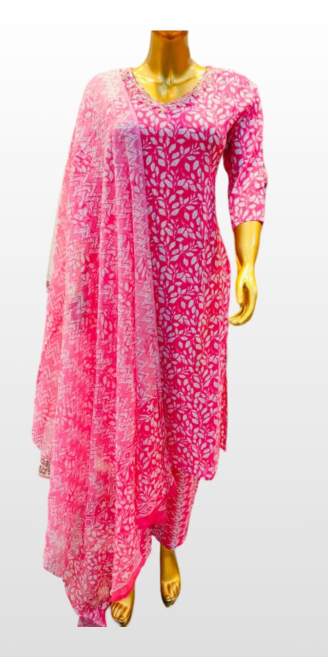 Pink & White Printed Cotton Kurta Set