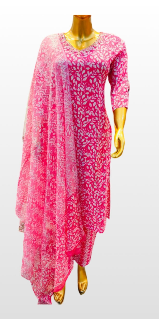 Pink & White Printed Cotton Kurta Set