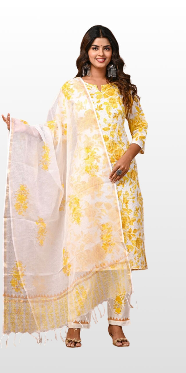 Sunshine Yellow Floral Cotton Suit – Embrace the Glow of Elegance!