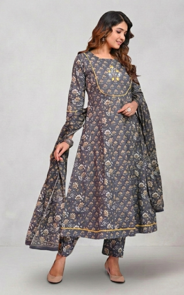 Elegant Grey Floral Cotton Suit – A Timeless Blend of Tradition & Style!