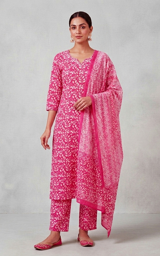 Pink & White Printed Cotton Kurta Set