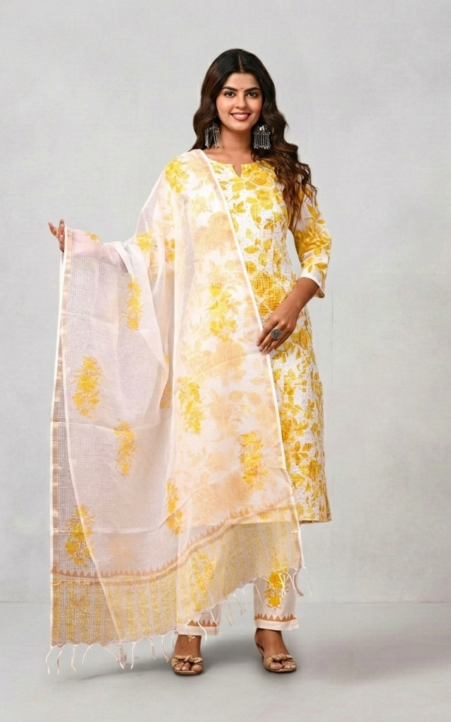 Sunshine Yellow Floral Cotton Suit – Embrace the Glow of Elegance!