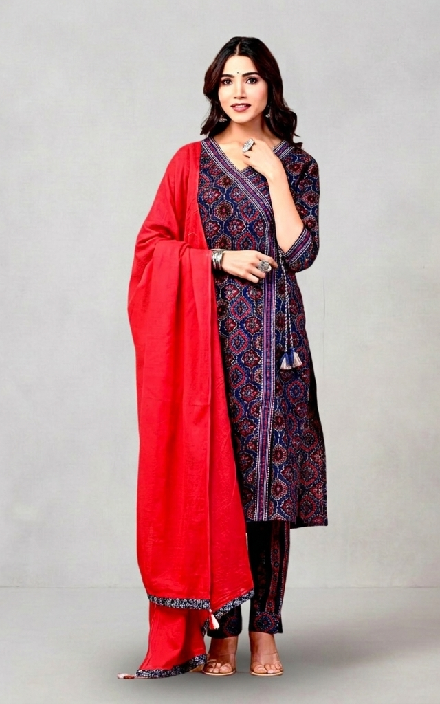 Navy Blue & Red Ajrakh Print Anarkali Suit – A Heritage Ensemble
