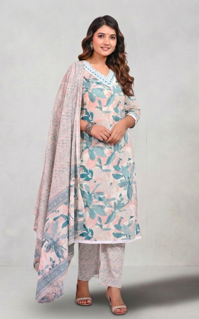 Light Grey & Blue Serenity - Cotton Suit Set