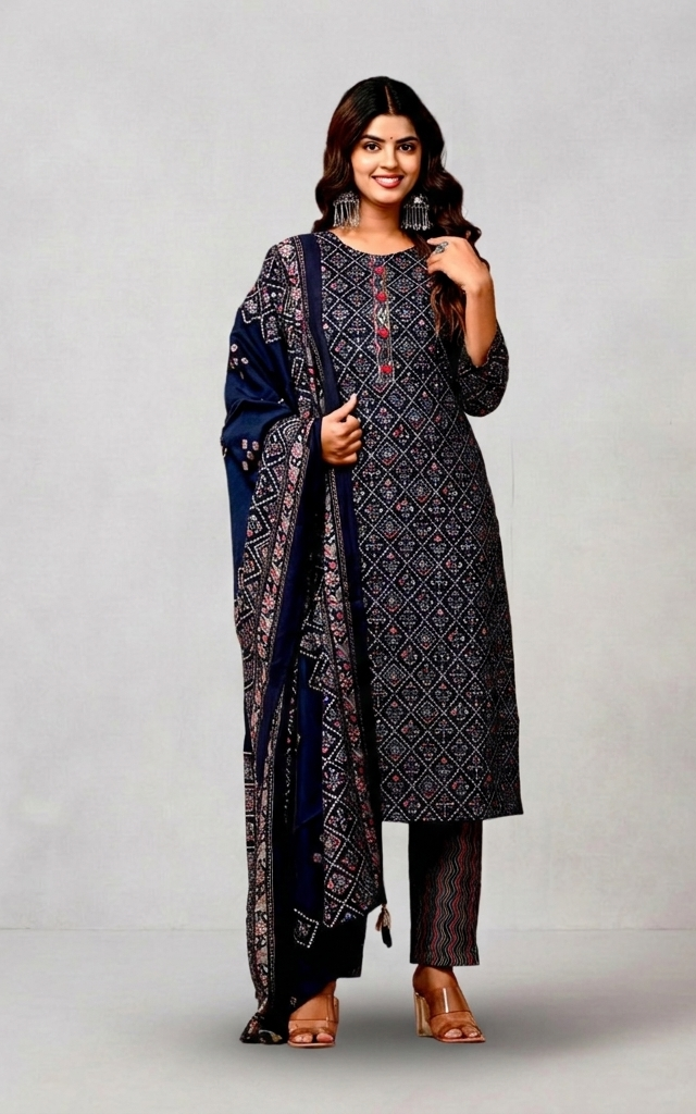 Navy Blue Bandhej Cotton Suit Set – A Timeless Classic!