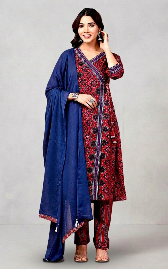 Navy Blue & Red Ajrakh Print Anarkali Suit – Timeless Heritage