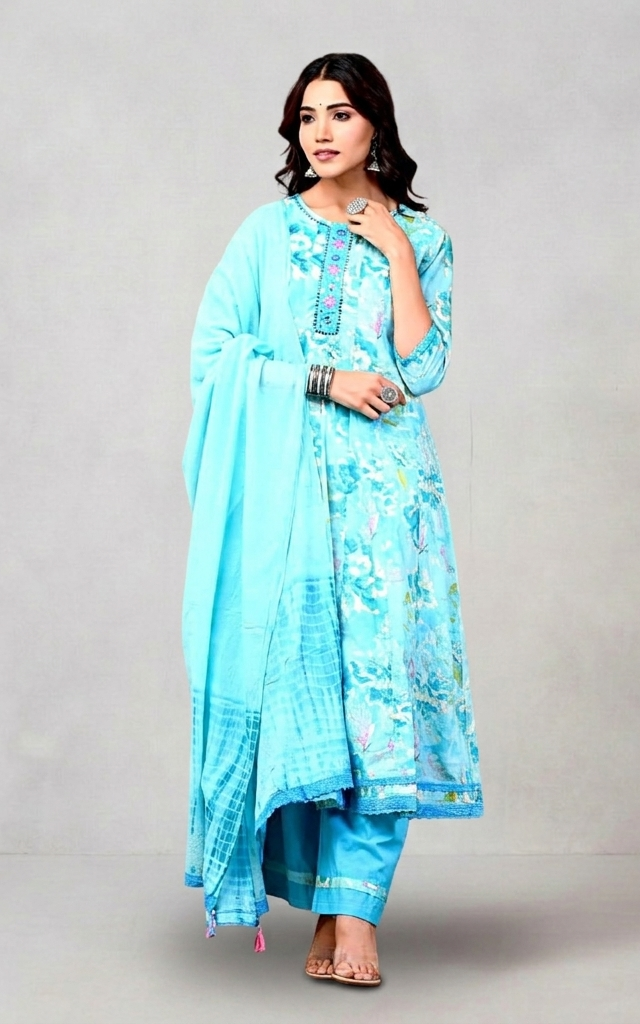 Aqua Blue Floral Cotton Suit – Fresh, Elegant & Timeless!