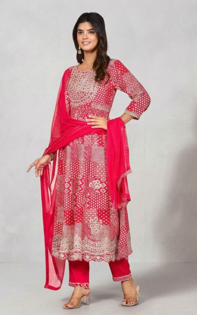 Red & Beige Anarkali Suit – A Celebration of Elegance