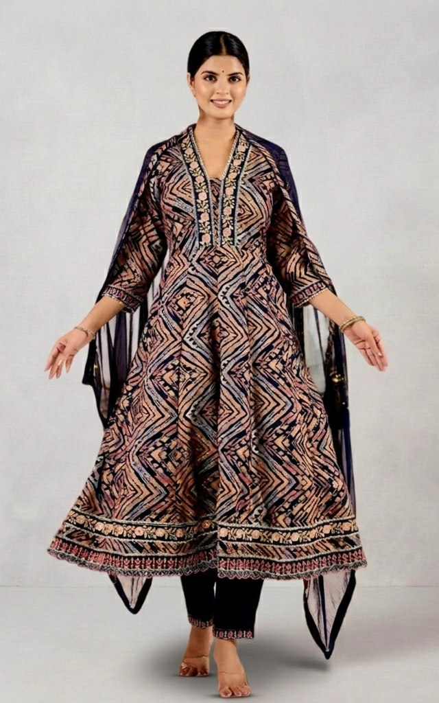 Navy Blue Printed Anarkali Suit Set – A Perfect Blend of Elegance & Comfort!