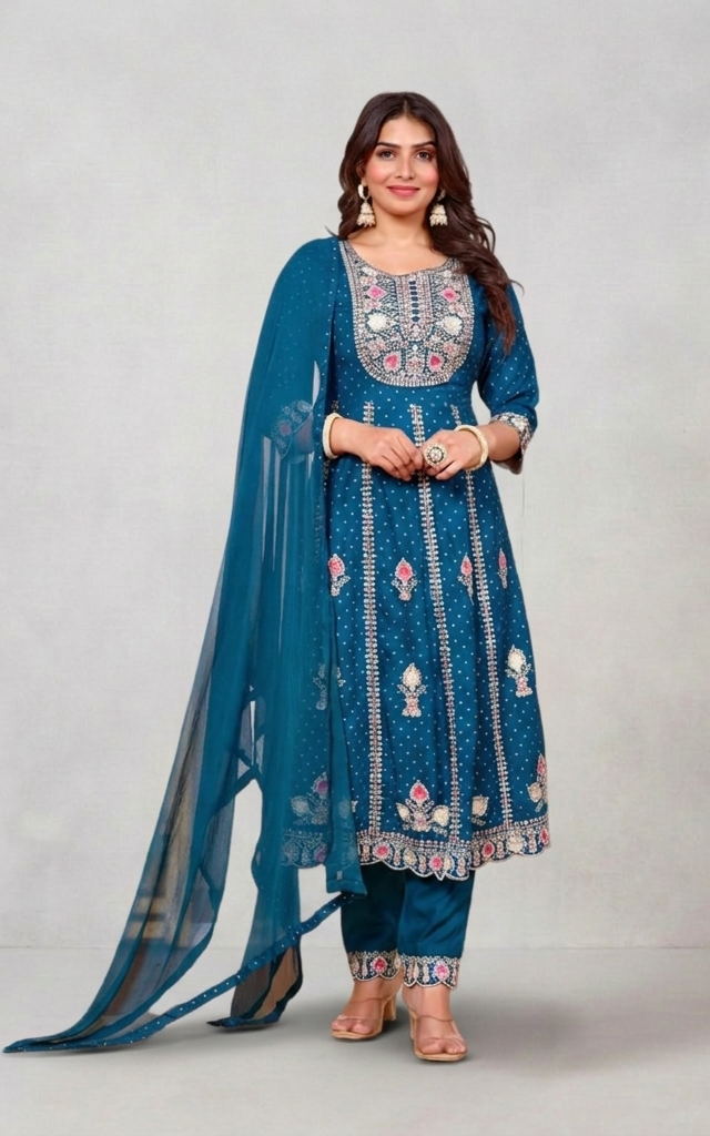 Teal Blue Embroidered Anarkali Suit – Timeless Elegance!
