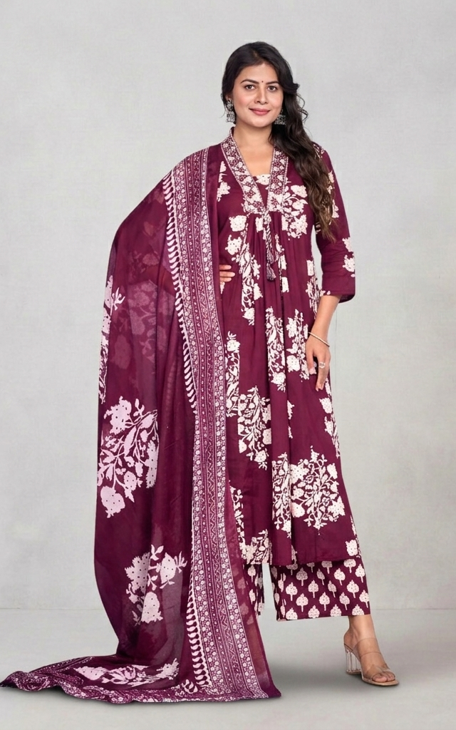 Maroon & White Cotton Printed Suit – Elegant & Comfortable!